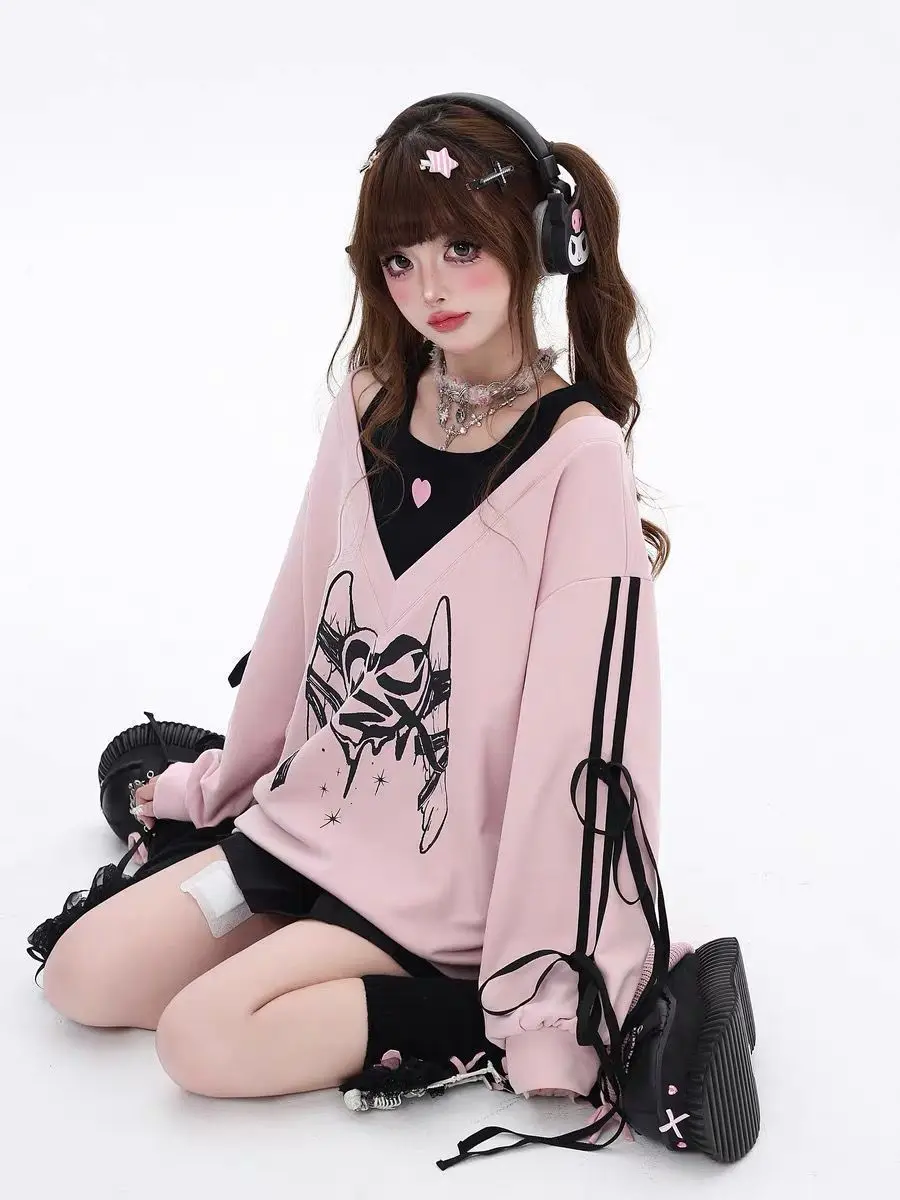 Temperament Vintage Sweet Fake Two Pieces Bow Printed Loose Sweatshirts Women Off Shoulder Hottie Streetwear Women Y2k Top