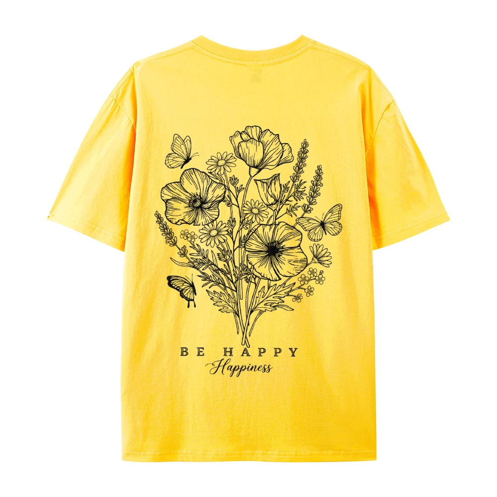 Wildflower Butterfly T Shirt Women Be Happy Botanical Graphic Tees Minimalist Black White Aesthetic Casual Summer Tops