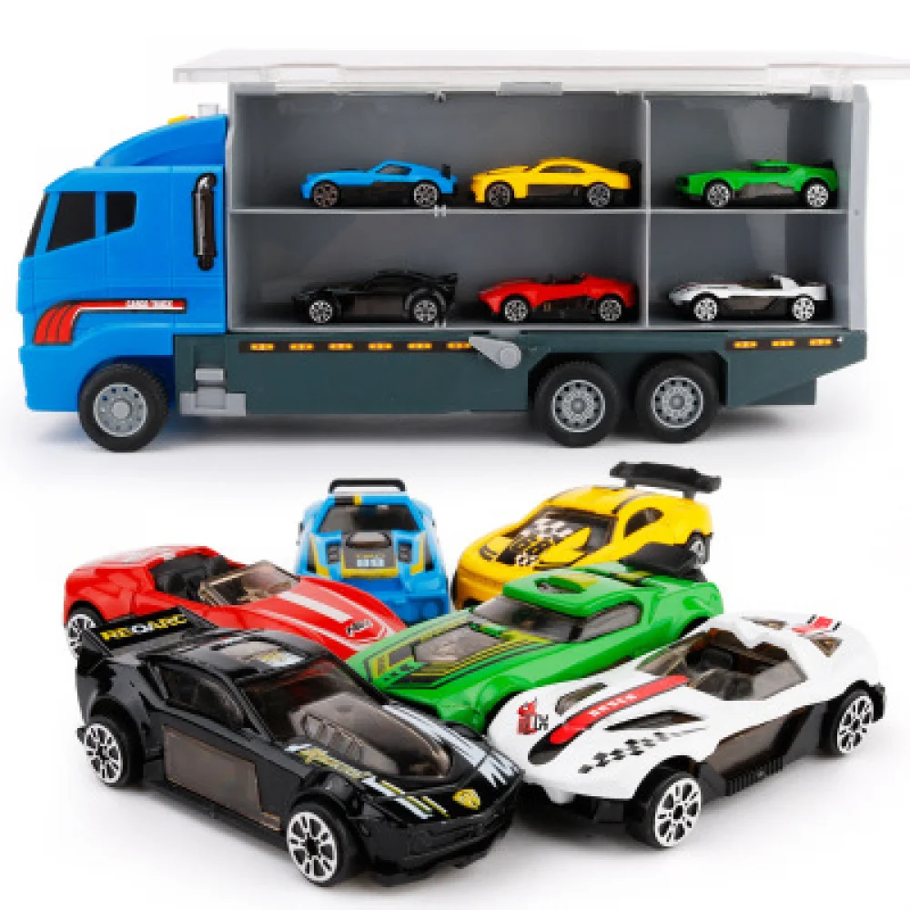 6In1/set Container Fire Truck Toys with Mini Diecast Alloy Car Sliding Transport Trucks Collection Toys for Boys Kids Gift