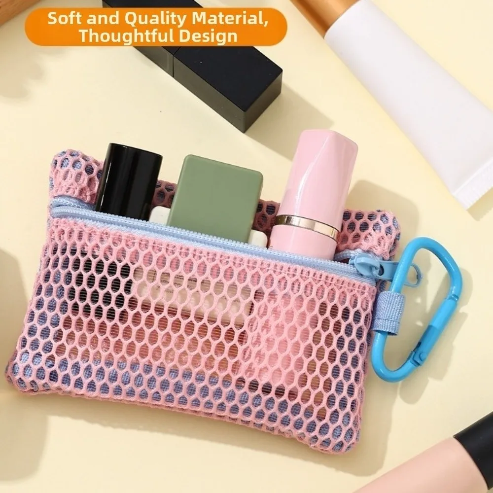 Square Mesh Makeup Bag Fashionable Portable Transparent Mesh Bag Flat Style with Keychain Mini Coin Purse Keys Lipsticks