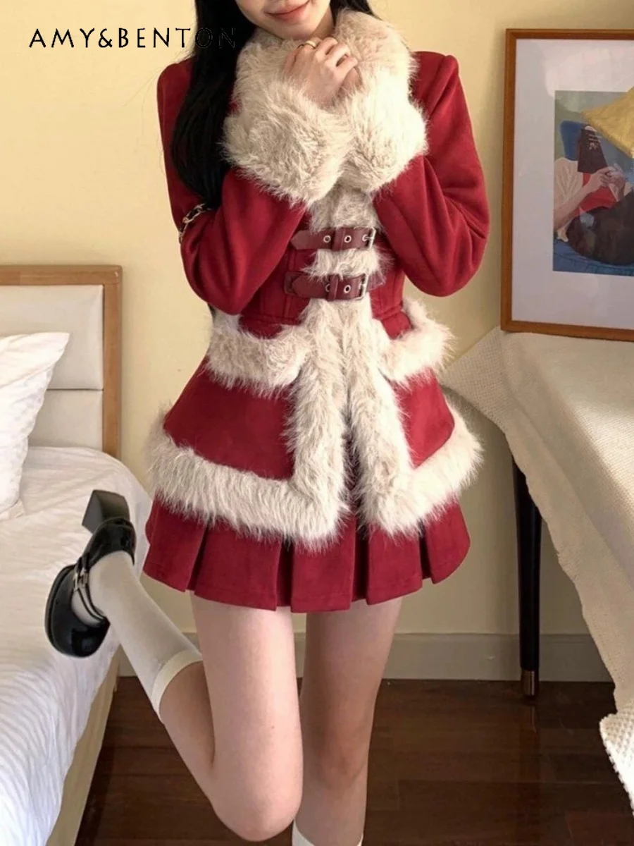 

Autumn Winter New French Style Christmas New Year Party Commuting Red Patchwork Jacket Short Pleated Skirt Two-Piece Set