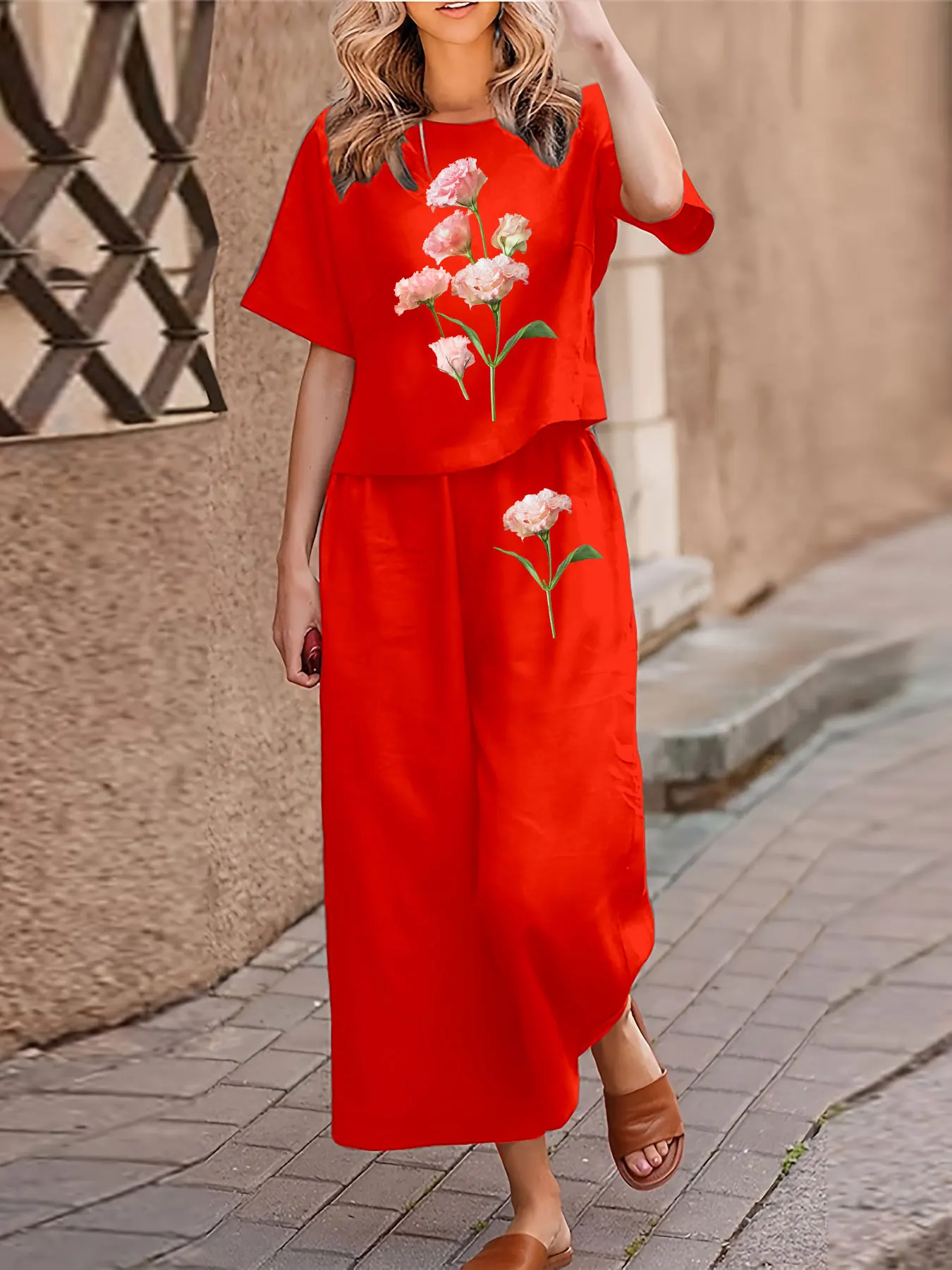 Conjunto informal de dos piezas de talla grande para mujer, traje estampado, camiseta de manga corta, pantalones, conjunto de dos piezas con cuello redondo holgado