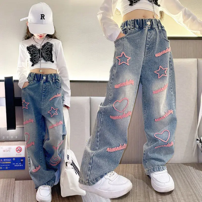 2024 Kids Fashion Long Jeans Girls School Wide Leg Pants with Heart Star Design Casual Loose Children Korean Style Trousers