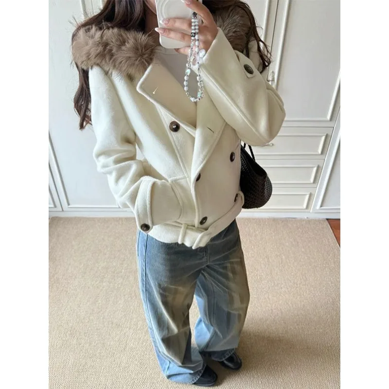 French Retro Casual Double Breasted Coat For Women Autumn New Fur Collar Hooded Solid Commuting Versatile Female Clothing