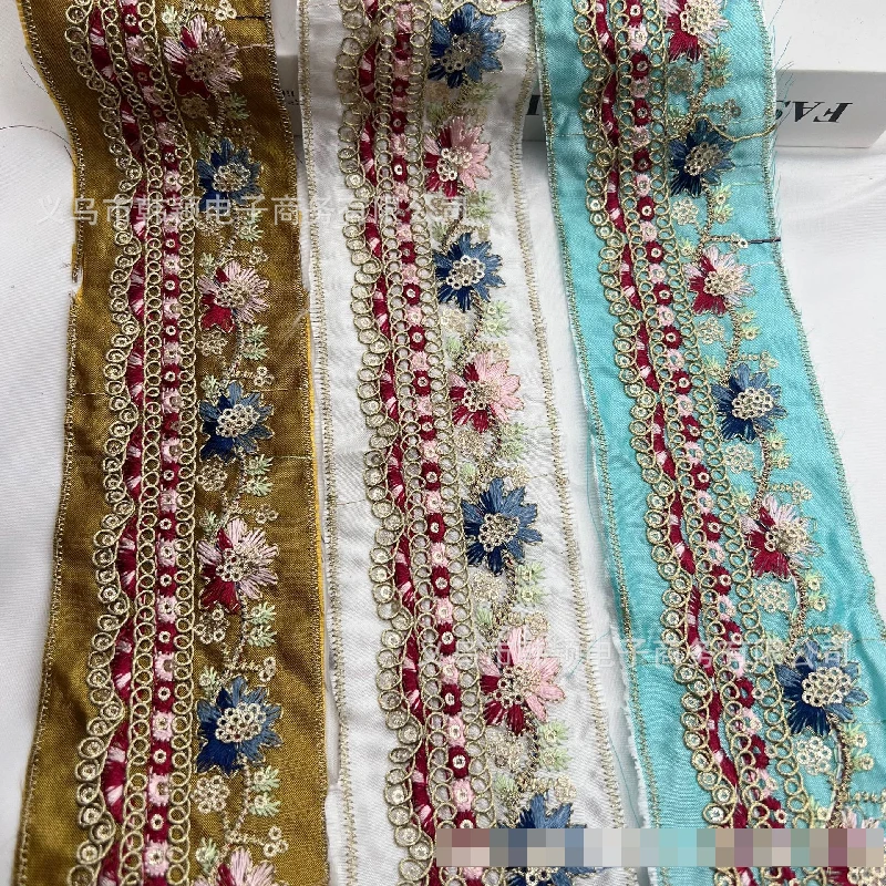 

6cm Wide Ethnic Style Woven Ribbon with Embroidery, Colorful Thread Lace Trim Clothing Embellishment with Tassel and Sequin Edge