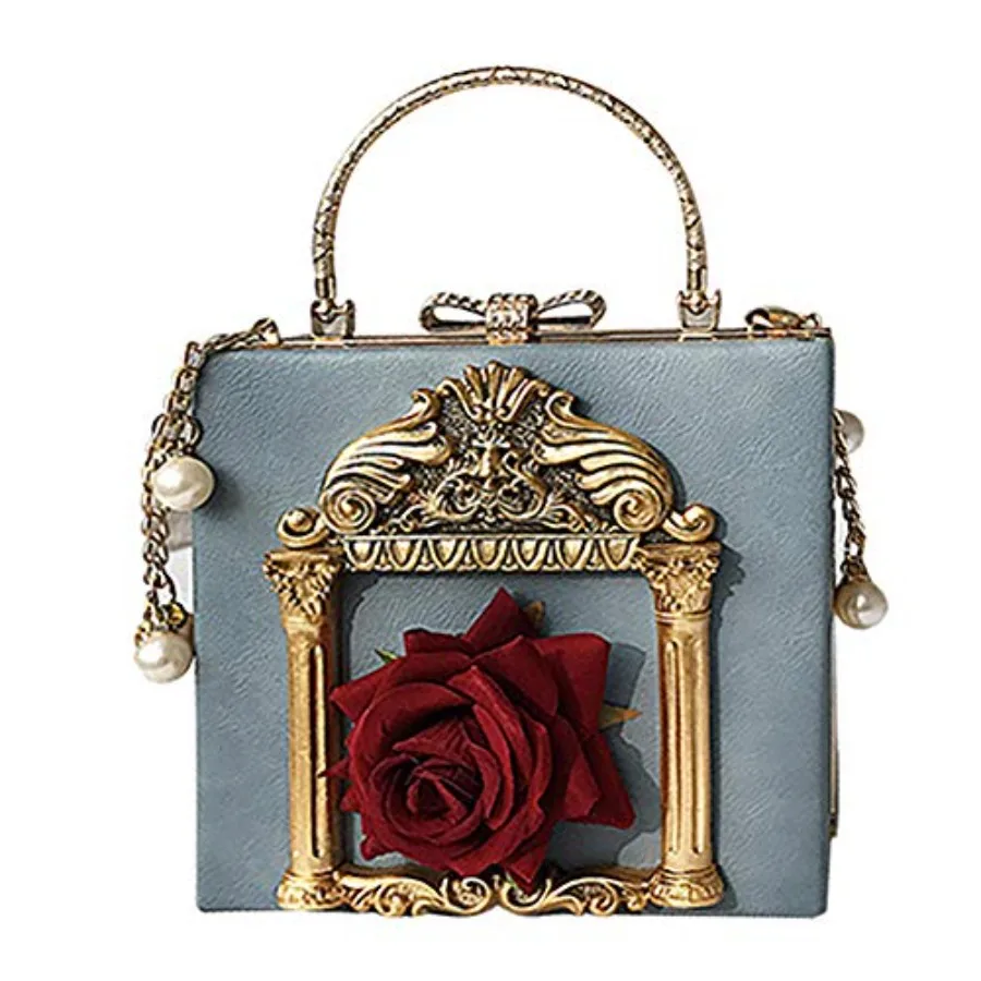 QZUnique Women Love Evening Bag Rose Embossed Formal Purse Clutch Gold Crossbody Pearl Chain Shoulder Bag