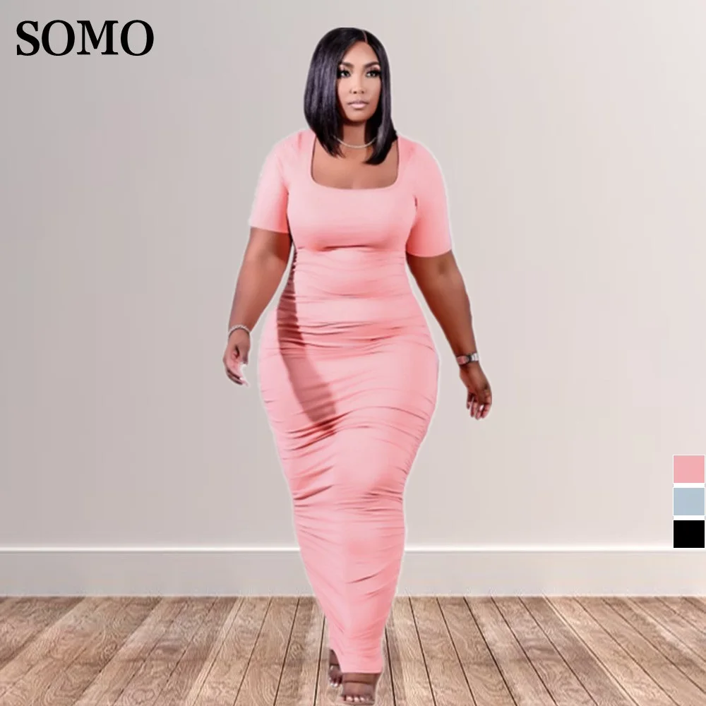 

Summer Fashion Elastic Plus Size Clothing Solid Color Short-sleeve Square Neck Pleated Women Long Dress Wholesale Dropshipping