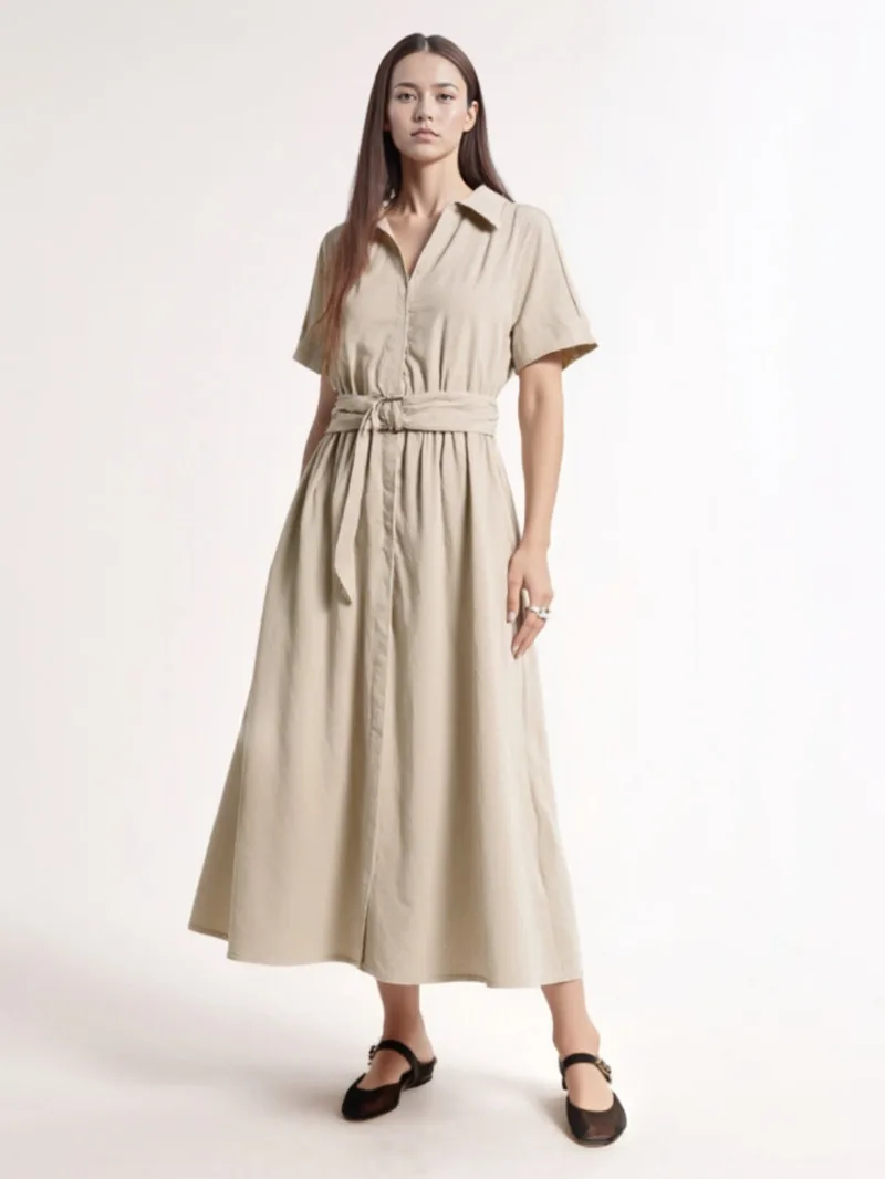 Letnia Nowa Kolekcja Damska Moda w Stylu Amerykańskim Modna Sukienka Midi w Stylu Koszuli z Mieszanki Lnu Casualowe Damskie Bluzki T7YD