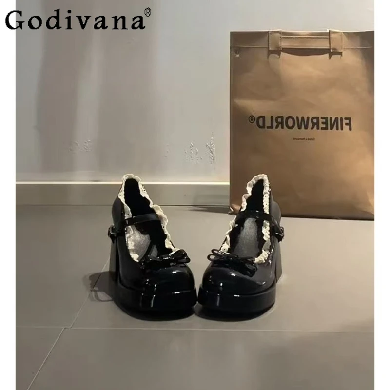 

Lolita Style Lace Round Toe Shoes for Women Spring New Black Chunky Mary Jane Shoes Female Japanese Style Heel High Pumps