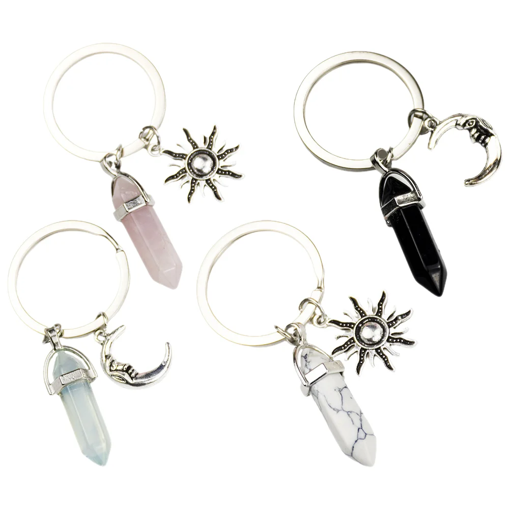 4 Pcs Matching Couple Keychain Vintage Sun Charm Crystal with Moon Quartz Pendants