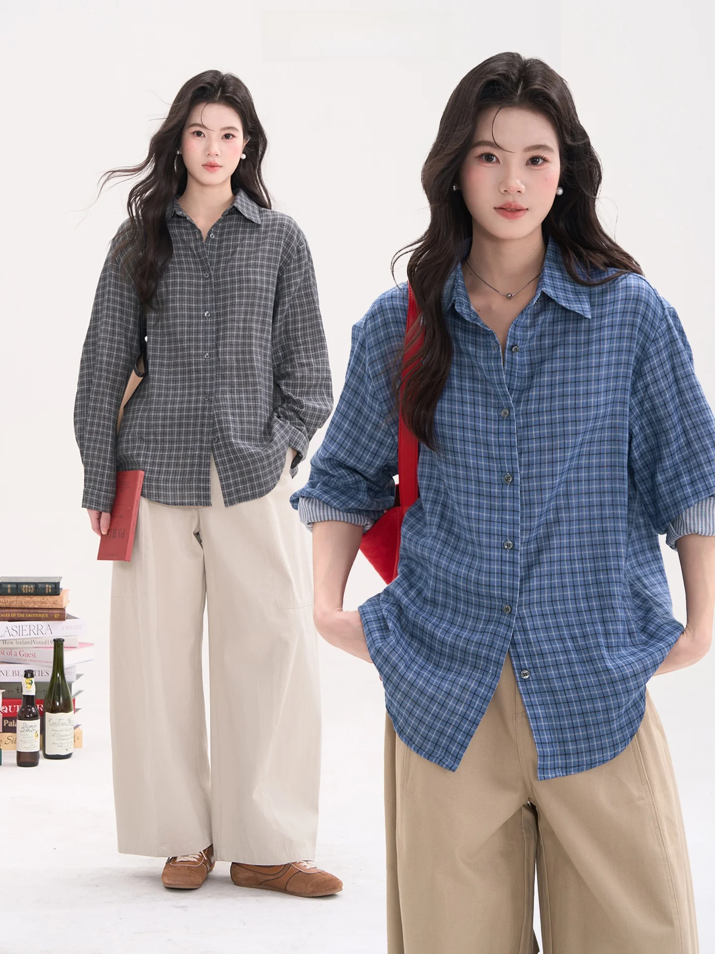 

Heme Korean Sle Double-Sided Plaid Cotton irt Women's Spring Summer Loose Fit Iron Box Paaging Commuter irt