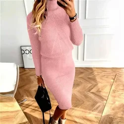 Two Piece Skirt Sets Women Knitted Dress Set Turtleneck Full Sleeve Sweaters Solid Thick Skirts Suits Elastic Waist Winter Skirt