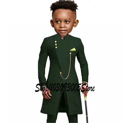 Dark Green Boys Wedding Suit 2 Pieces Indian Style Jacket Pants Long Blazer for Kids 3-16 Years Old Slim Fit Clothes