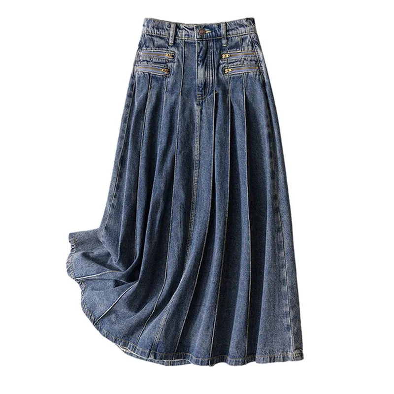 

2025 New Vintage Pleated Denim Skirt Summer Design Mid length Zipper High waisted Long Skirts Women's Casual Wear ZT294