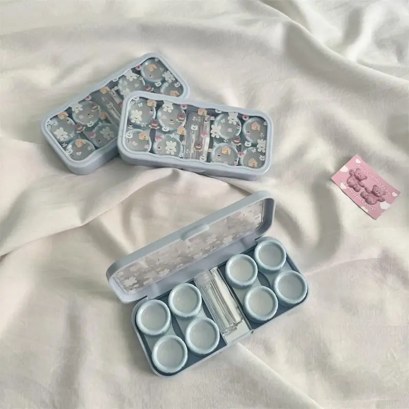 Leuke draagbare cartoon hond beer oogcontacten met spiegel contactlenshouder gekleurde lenzen containerdoos voor feestreisset