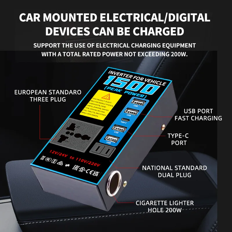 Universal Car Multi-function Inverter 12V/24V with 4 USB Expansion Port Plug-in Electrical Vehicle Accessories
