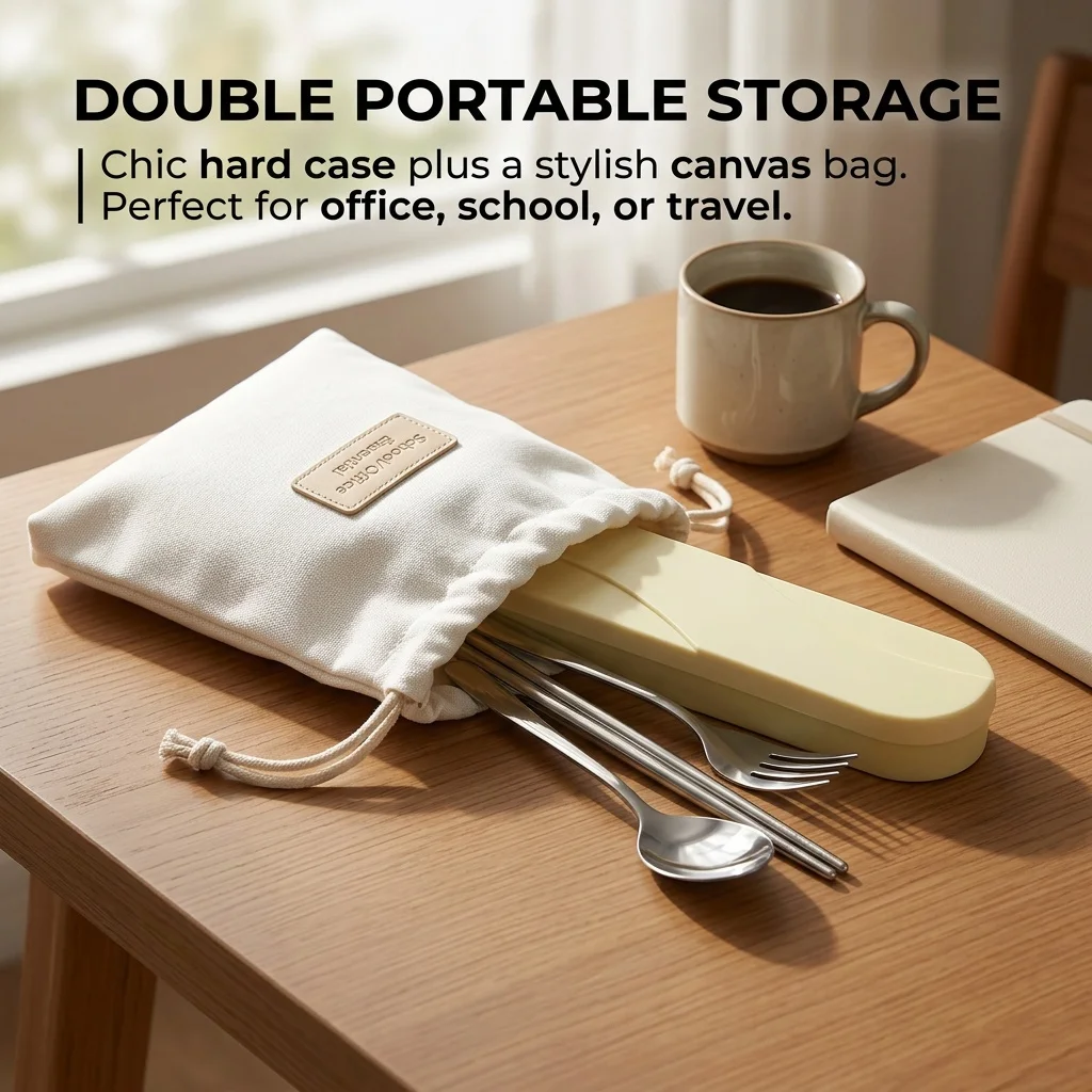 Portable Cutlery Set Stainless Steel Utensils Forks and Spoons Chopsticks Travel Camping Flatware Holder Case for School Kids view 5