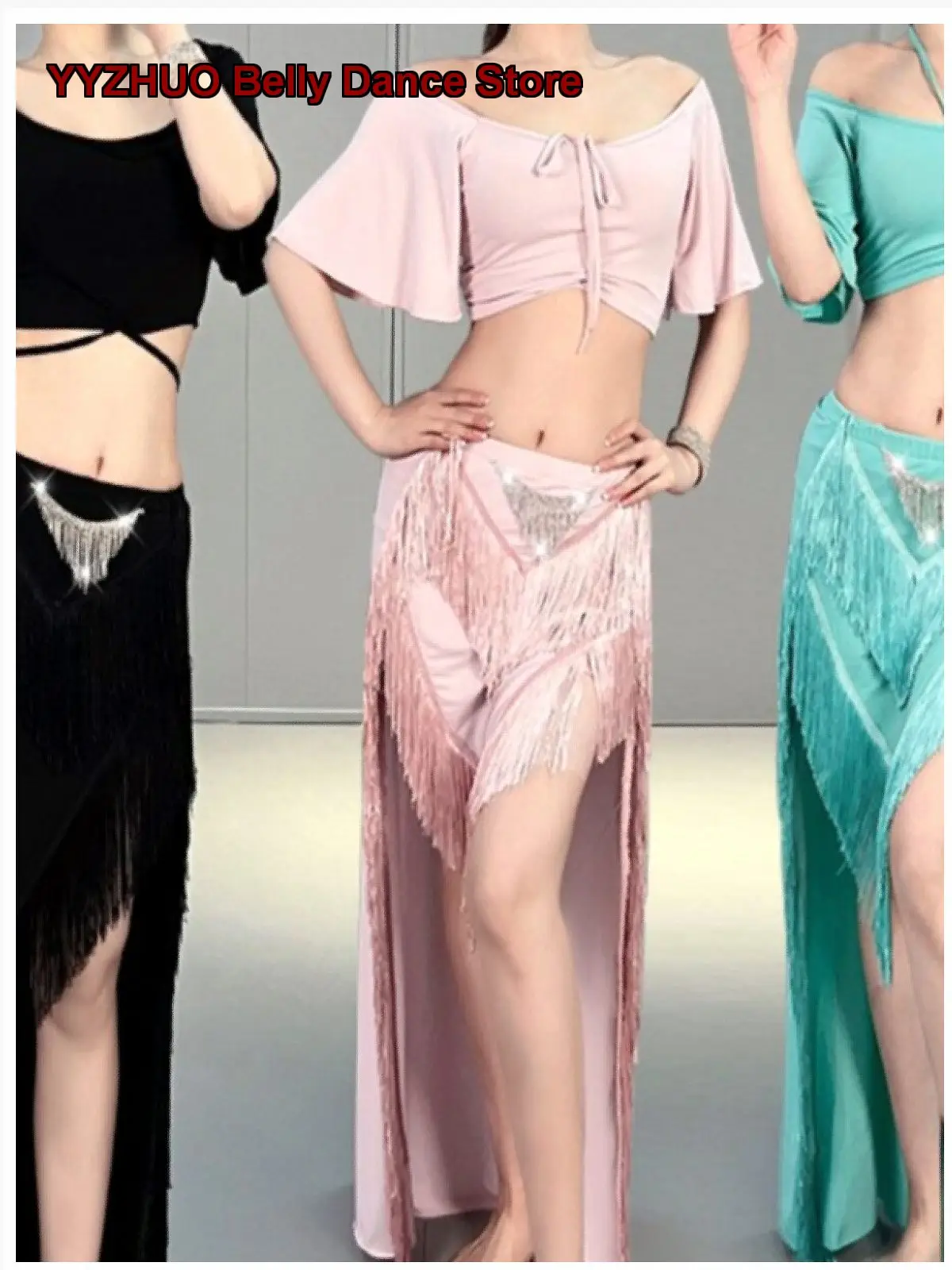 Women's High-End Diamond-Inlaid Fringe Oriental Dance Performance Long Skirt