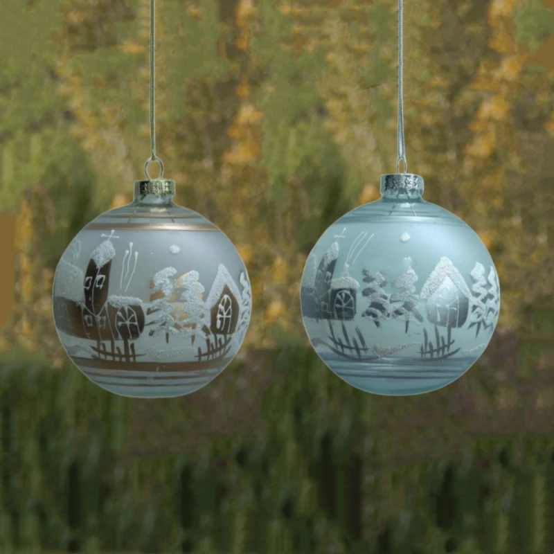 Christmas Tree Glass Hanging Ornament 12pcs/pack Diameter=8cm Hand Painting Snow View House Glass Ball Pendant Mall Window Decor