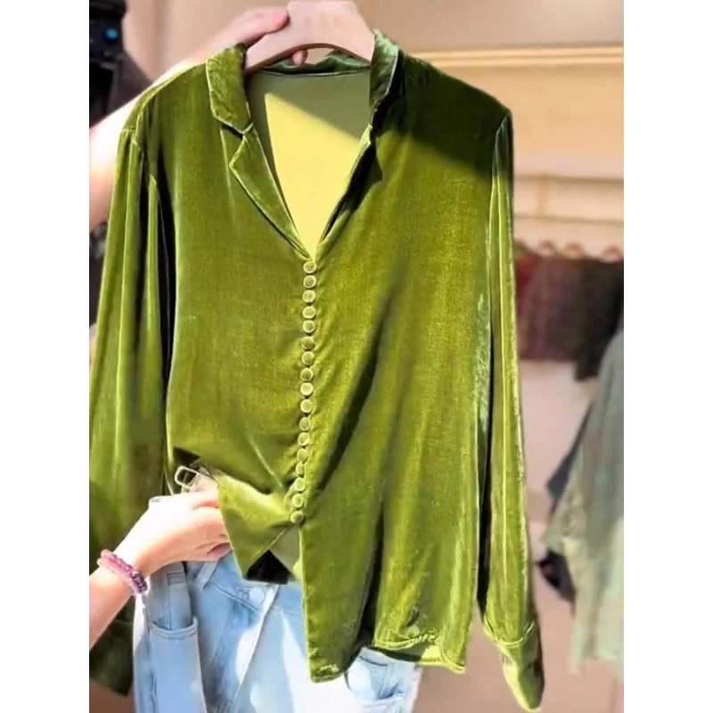 Fashionable Light Luxury High-end Green Lapel Long-sleeved Velvet Women's New Autumn Versatile Loose Slim Shirt