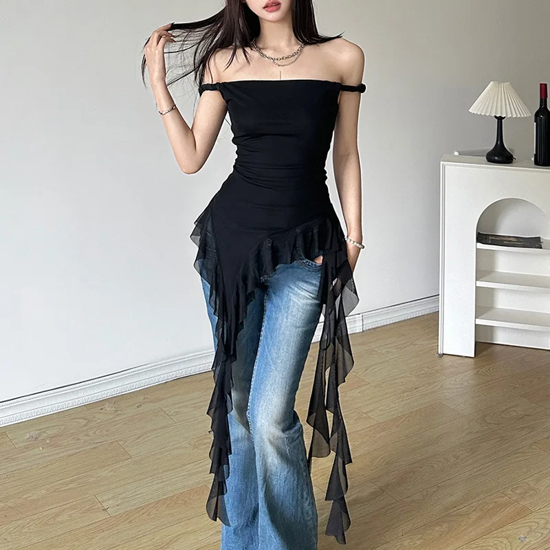 

Slim Fit Color Street Style Women's T-Shirt Sleeveless One Shoulder Back Cross-Border Spring Fashion 2024