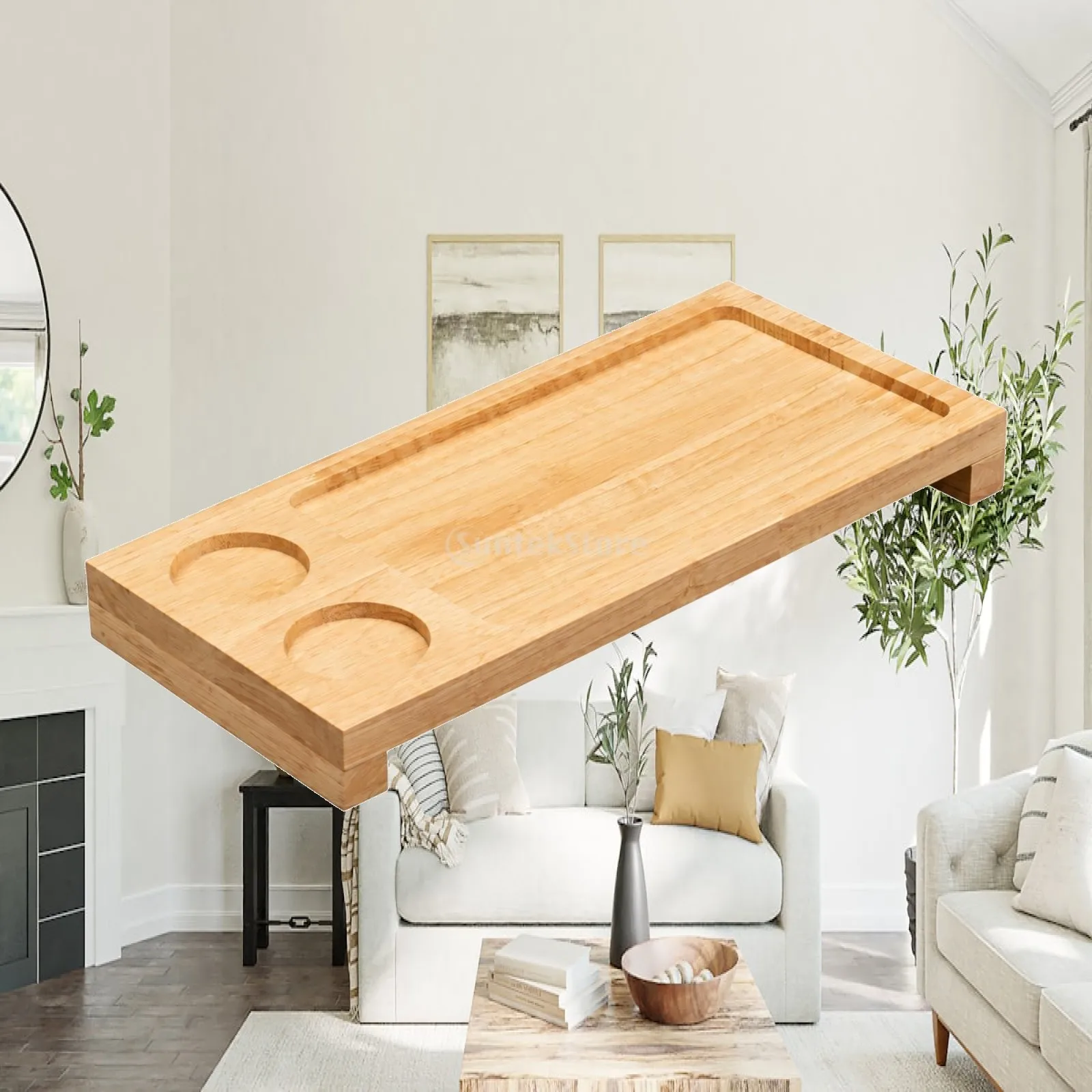Rustic Wood Square Serving Tray with Two Wells for Cups and Sauces Ideal for Parties