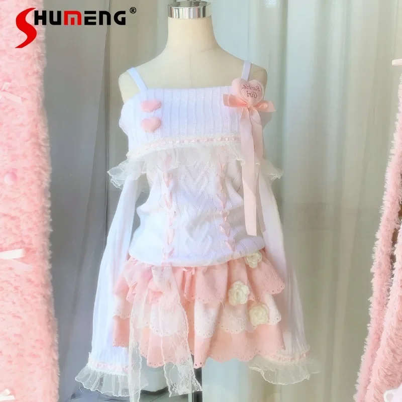 Sweet And Cute Long-sleeved Y2k Sweater Ribbon Lace Atmosphere One-word Shoulder Jumper Japanese Rojita Knitwear Kawaii Clothes