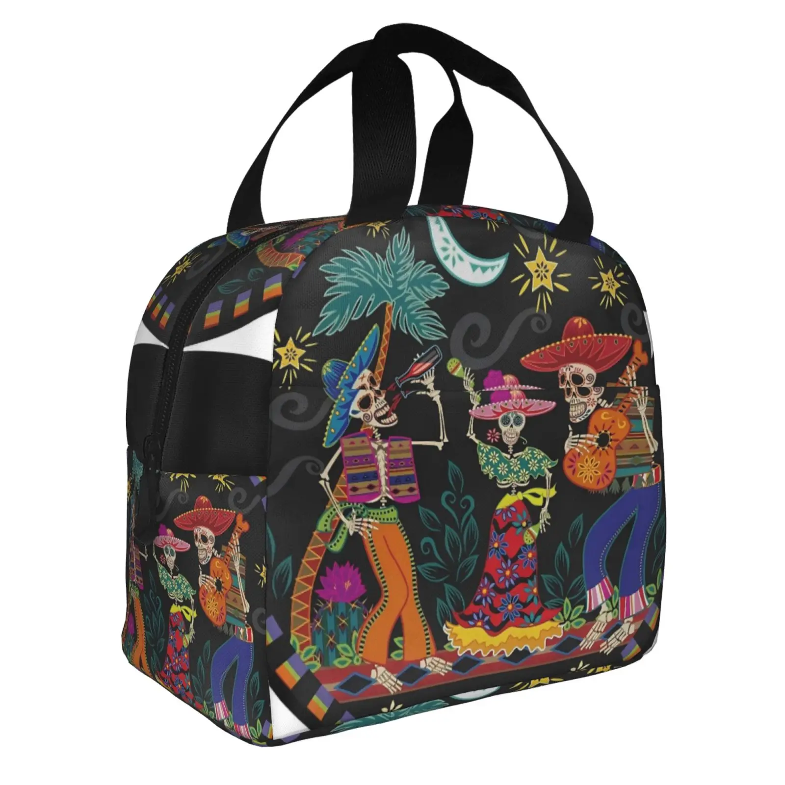 Dancing Skeleton Mexican Folk Print Portable Insulated Lunch Tote Bag, Waterproof Cooler Handbag, Unique Day of The Dead Gift