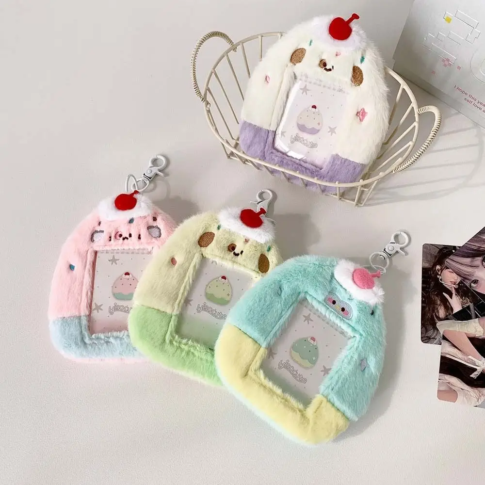 Korean Idol Cartoon Photocard Holder with Keychain Pendant Ice Cream Shape Plush Photocard Holder Fluffy INS Bus Card Holder