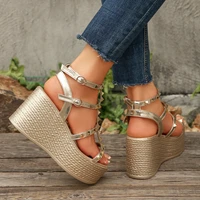 Summer Fashion Women Gold Rivet Studded Wedge Sandals Ankle Strap Espadrille Platform Sole Party Vacation Outdoor Casual Shoes - Image 2