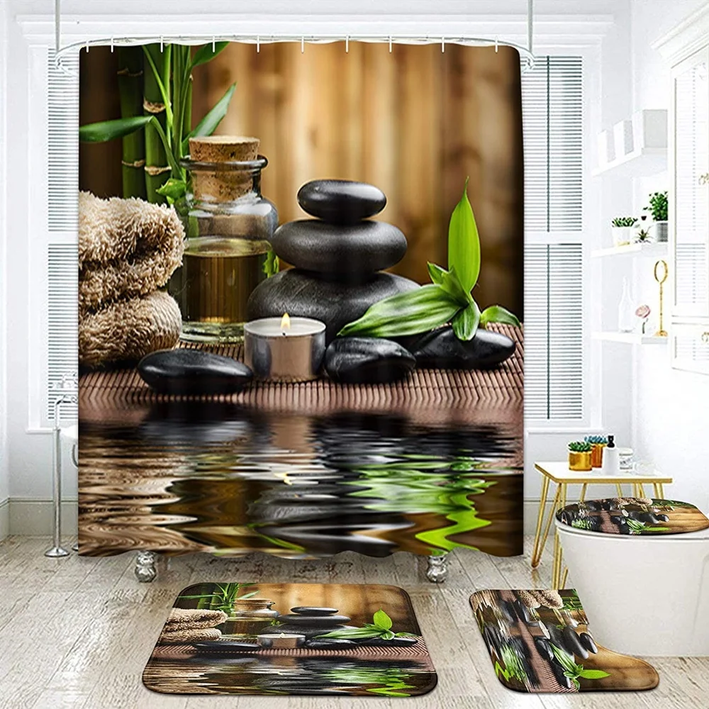 Zen Green Bamboo Buddha Shower Curtain Set Non-Slip Rug Toilet Lid Cover Bath Mat Stone Flowers Garden Scenery Bathroom Curtains