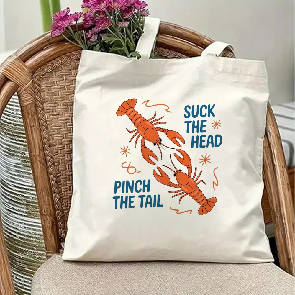 Aesthetic Crawfish Canvas Tote Bag Retro Suck The Head Pinch The Tail Print Reusable Grocery Shoulder Handbag Beach Bookbag