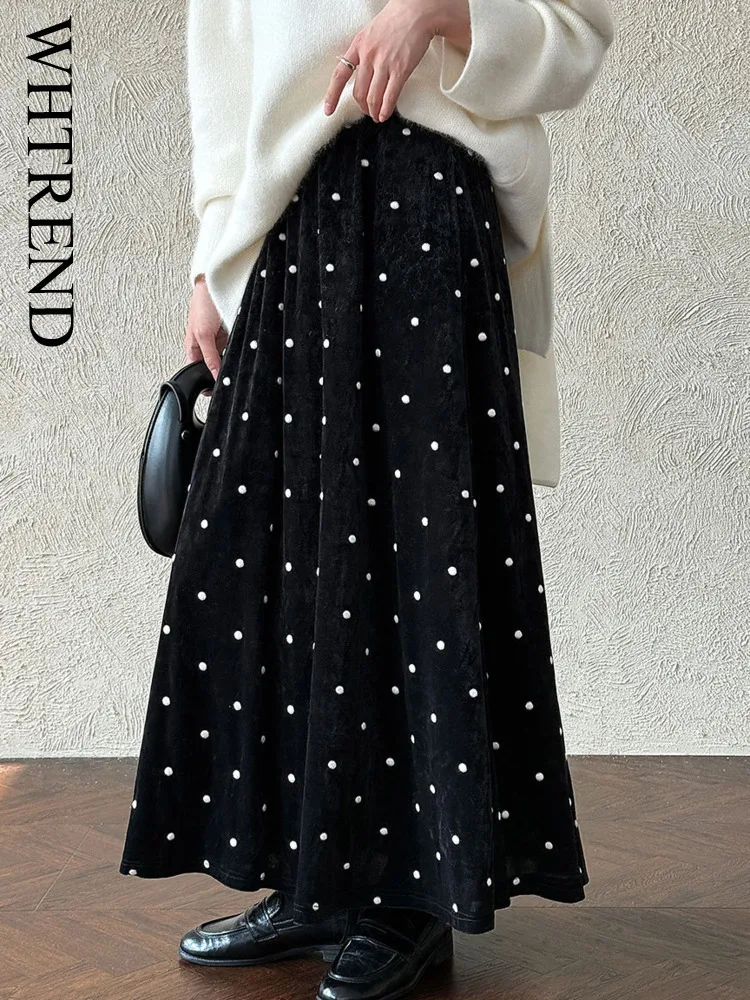 

WHTREND Korean Style Embroidered Polka Dot Velvet Midi Skirt For Women Autumn New High Waist Draped Versatile Long Skirts WH2134