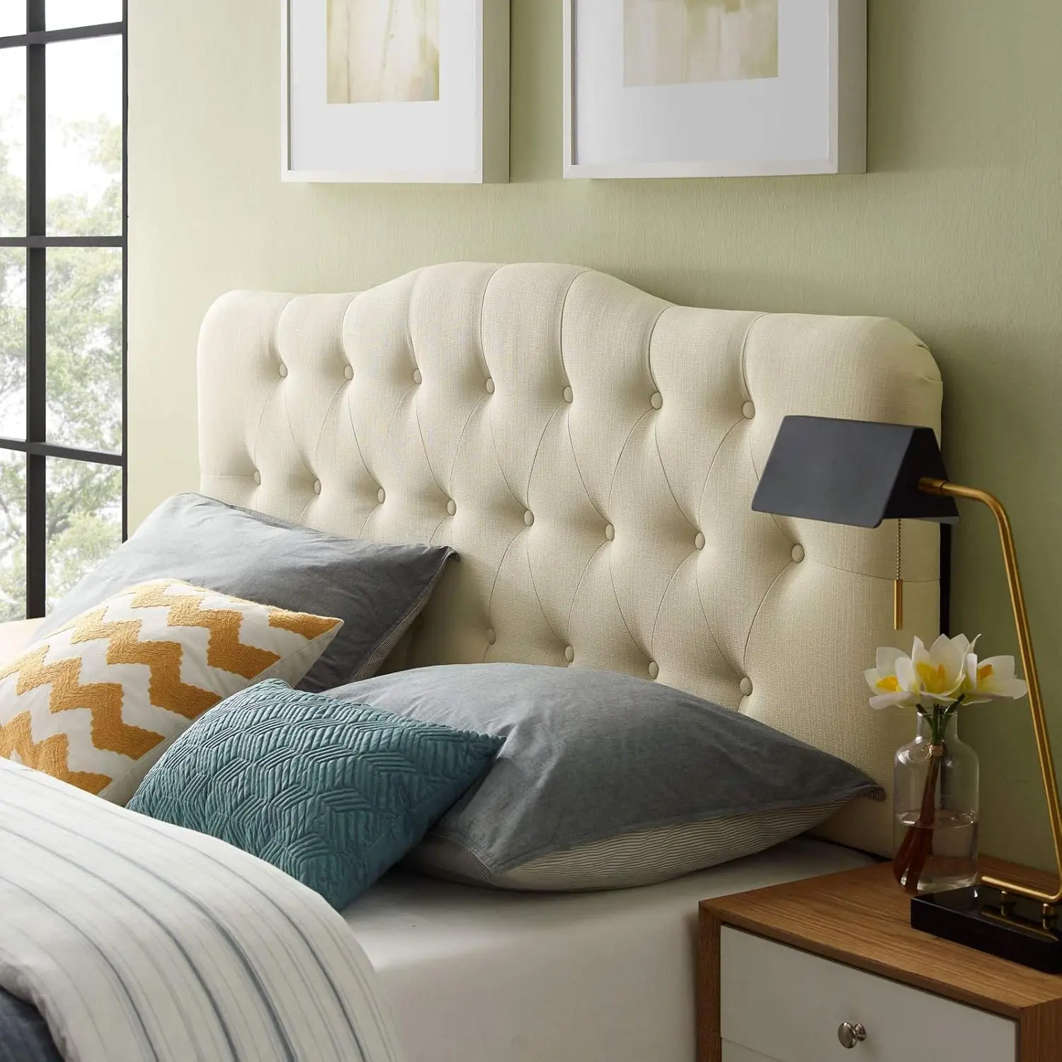 

Annabel Tufted Button Linen Fabric Upholstered Full Headboard in Ivory