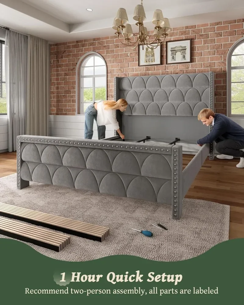 OHOHOLIVE King Size Bed Frame with 56" Headboard - Velvet Upholstered Wingback Platform Bed Frame,Noise Free,Sturdy Wooden Slat image 6