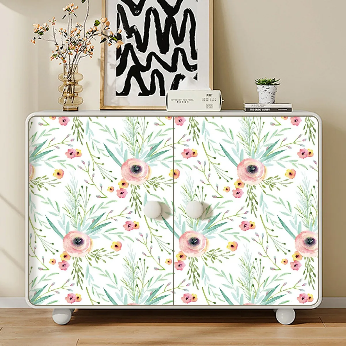 Pink Floral Peel and Stick Wallpaper Farmhouse Light Green Leaf Removable Self Adhesive Wall Paper for Bedroom Bathroom