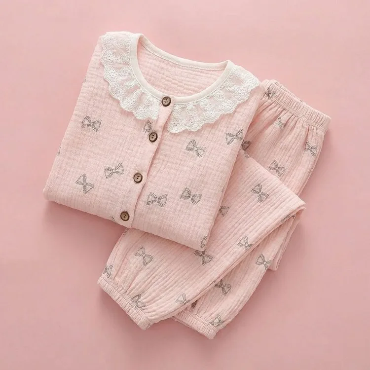 2026 Frühling Sommer Herbst Mädchen Mode Pyjama-Sets Elegante Spitze Weiche Bequeme Langarm Hauskleidung Set Kinder Schlafanzüge – Detail 2