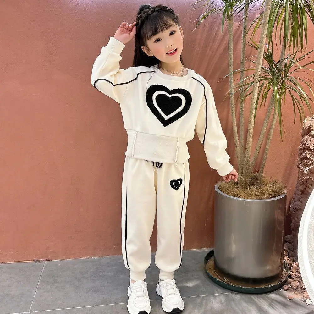 New Big Size Teenage Girls Spring Autumn Clothing Set Cartoon Big Heart Blouse Shirt + Pants 2Pcs Outfit Suit For Children