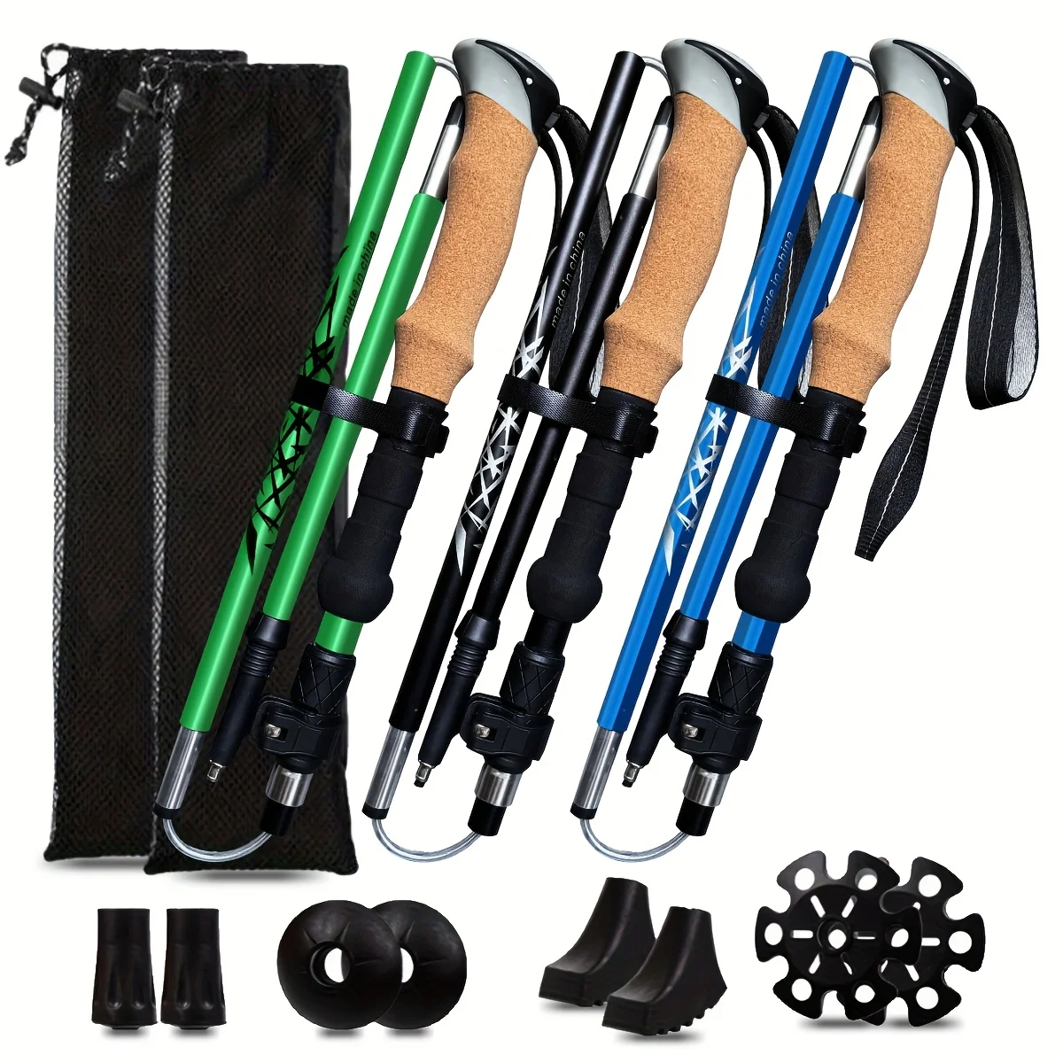 2pcs of Cork Handle Folding Trekking Poles, Made of Lightweight Aviation Aluminum Alloy, Walking Sticks with Ergonomic Grips