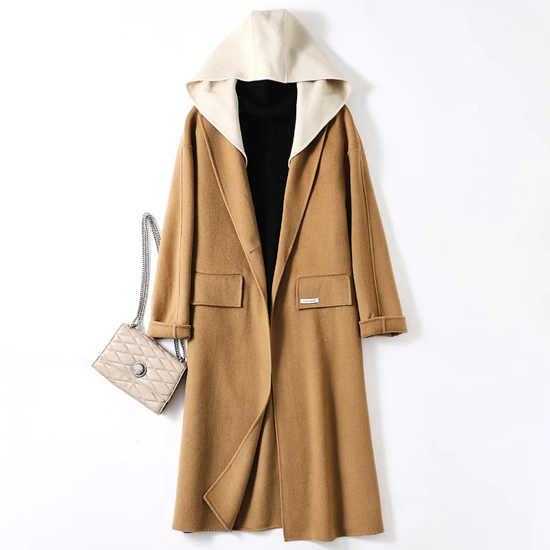 

2023 Double-sided Cashmere Coat Women's Mid Length Autumn/winter New High Grade Hooded 100 Pure Wool Coat