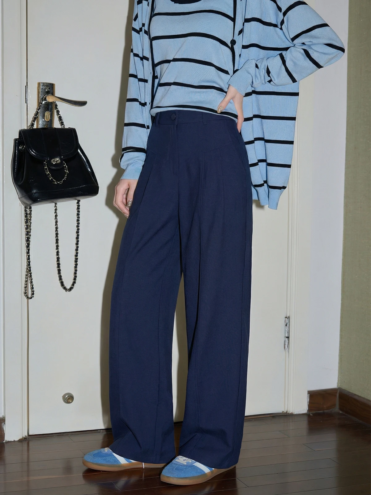 

Женские брюки с высокой талией и широкими штанинами, свободные, прямые, повседневные, длинные, корейский стиль, однотонные, с эффектом стройности