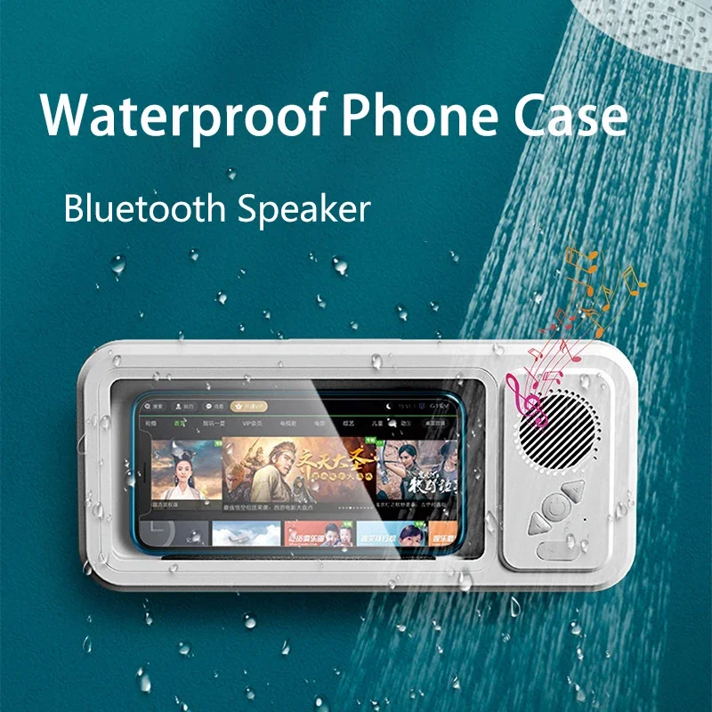 Shower Phone Holder with Bluetooth Speaker IPX4 Waterproof Anti-Fog Touch Screen Wall Mount Phone Holder for Shower Bathroom