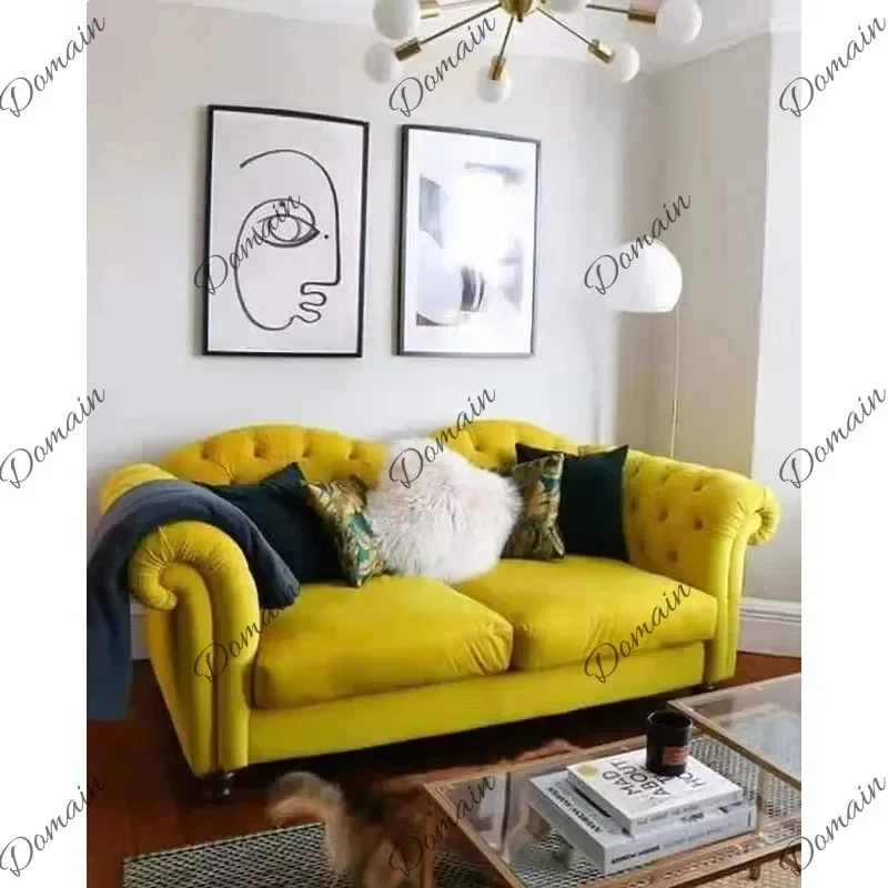 VP French  Velvet Sofa Yellow Fabric Two-Seater Retro Button Tufted Chesterfield Couch