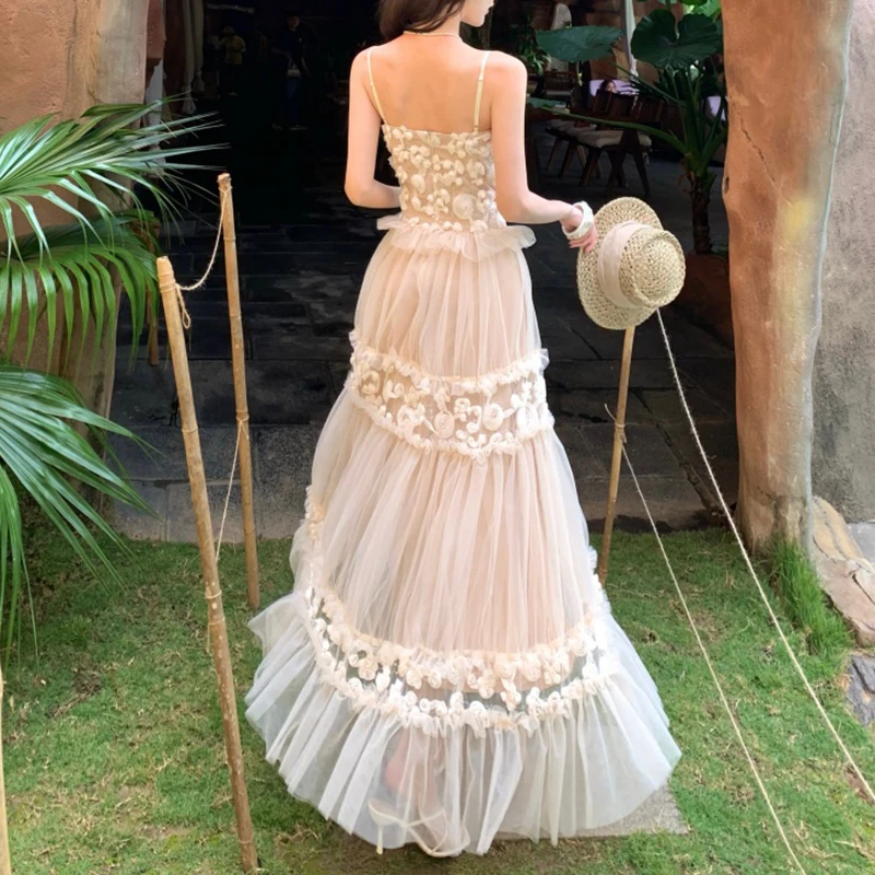 French-style Lace Jacquard Dress for Women Spring Summer 2026 Sleeveless Sundress Spaghetti Strap Mesh Dress Sexy Beach Vestidos