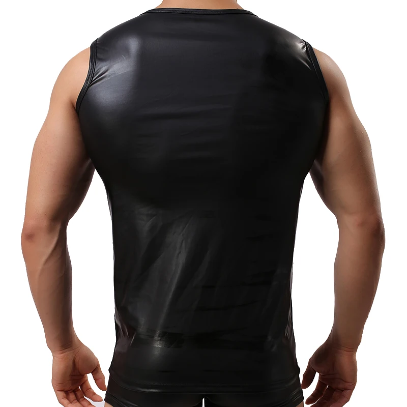 Mens Sexy PU Leather Tank Tops Sleeveless Shaping Sheath Stretch Shirts Soft Patent Leather T-shirts Sexy