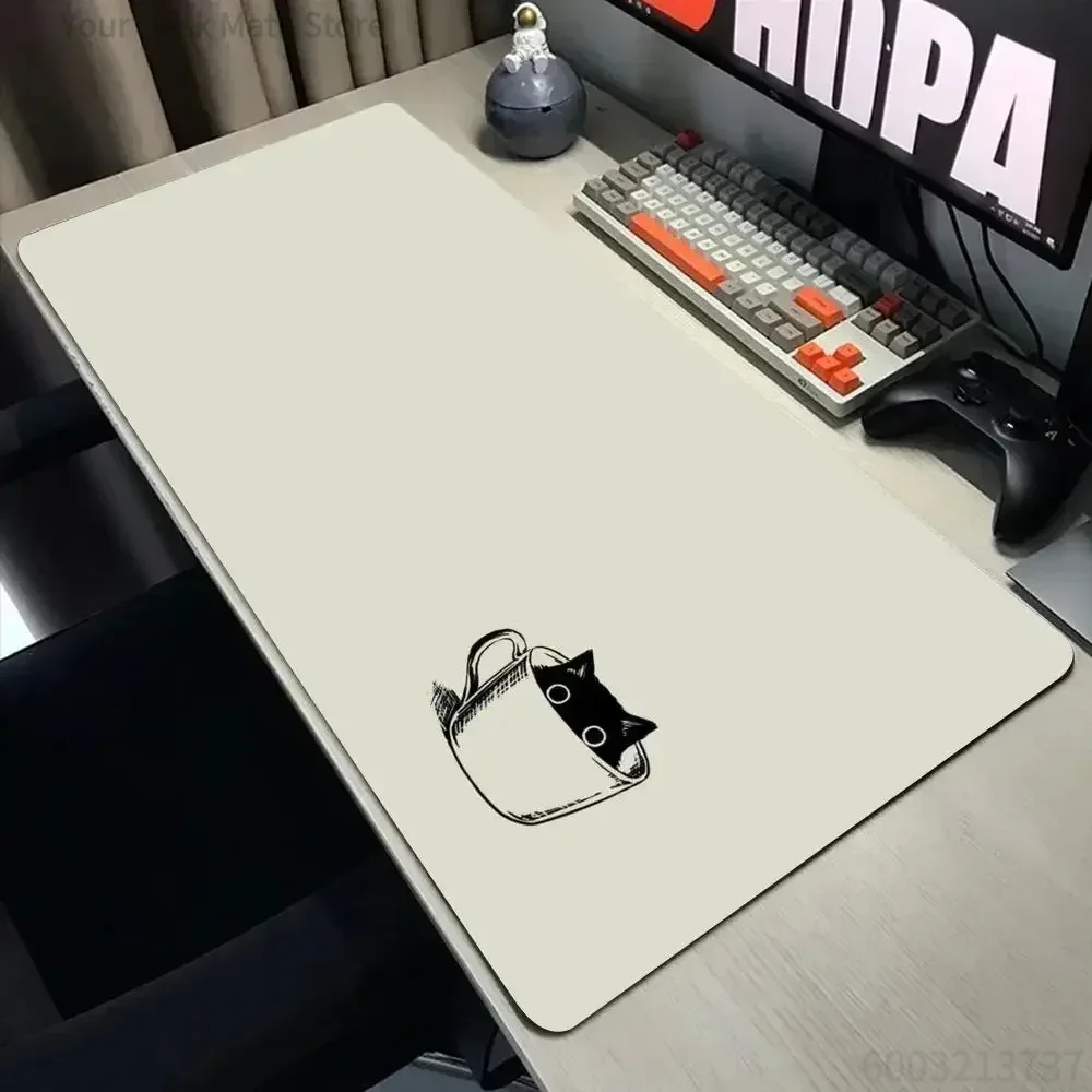 Large Cute Black Cat & Coffee Cup Mouse Pad Non-Slip Desk Mat with Sketch Art for Office And Gaming