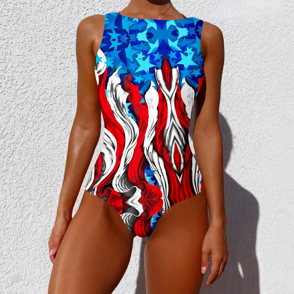 One Piece Sexy Bra Swimsuit USA Flag Pattern Printed Stars and Stripe Casual Swimwear Beach Swimming Sportswear Women Clothing