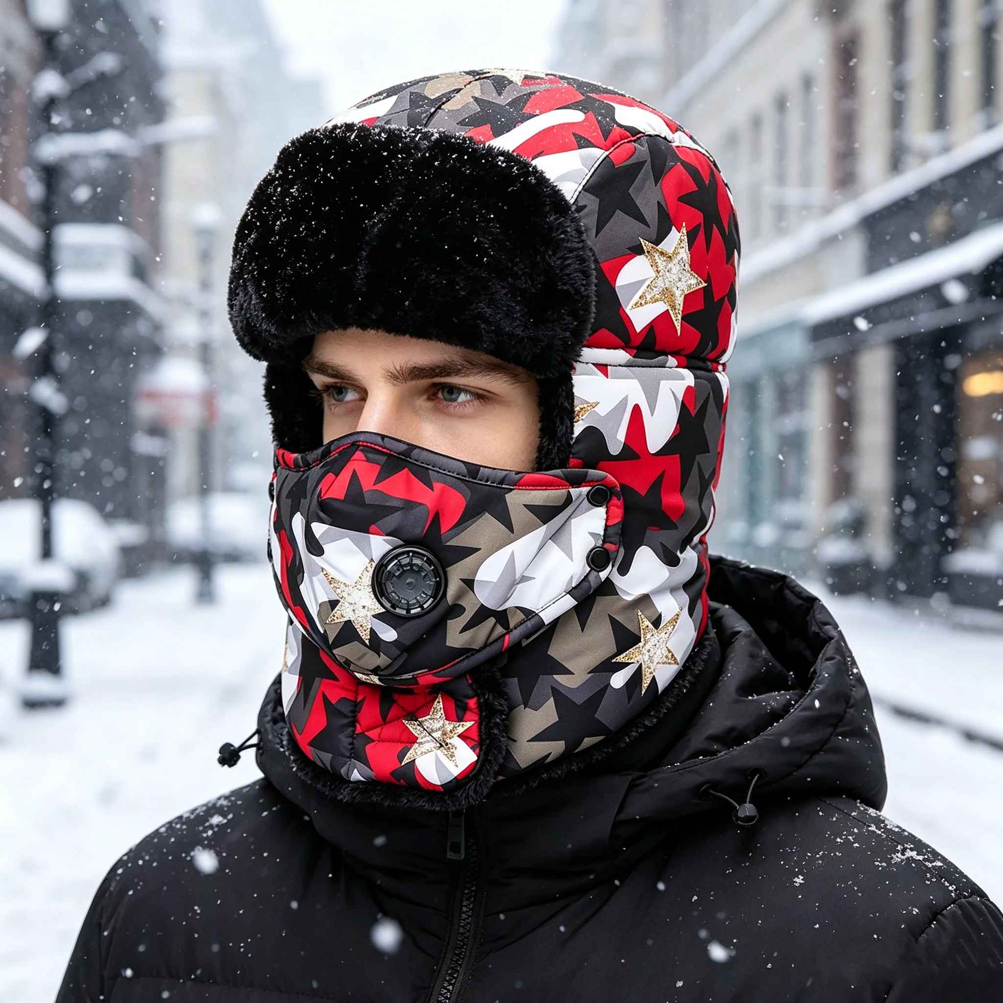 Winter Camouflage Lei Feng Hat for Men and Women, Fleece-Lined and Thickened, with Ear Protection and Face Mask, Breathable Valve, Outdoor Skiing, Warm and Cold-Resistant, Northeast Cotton Hat