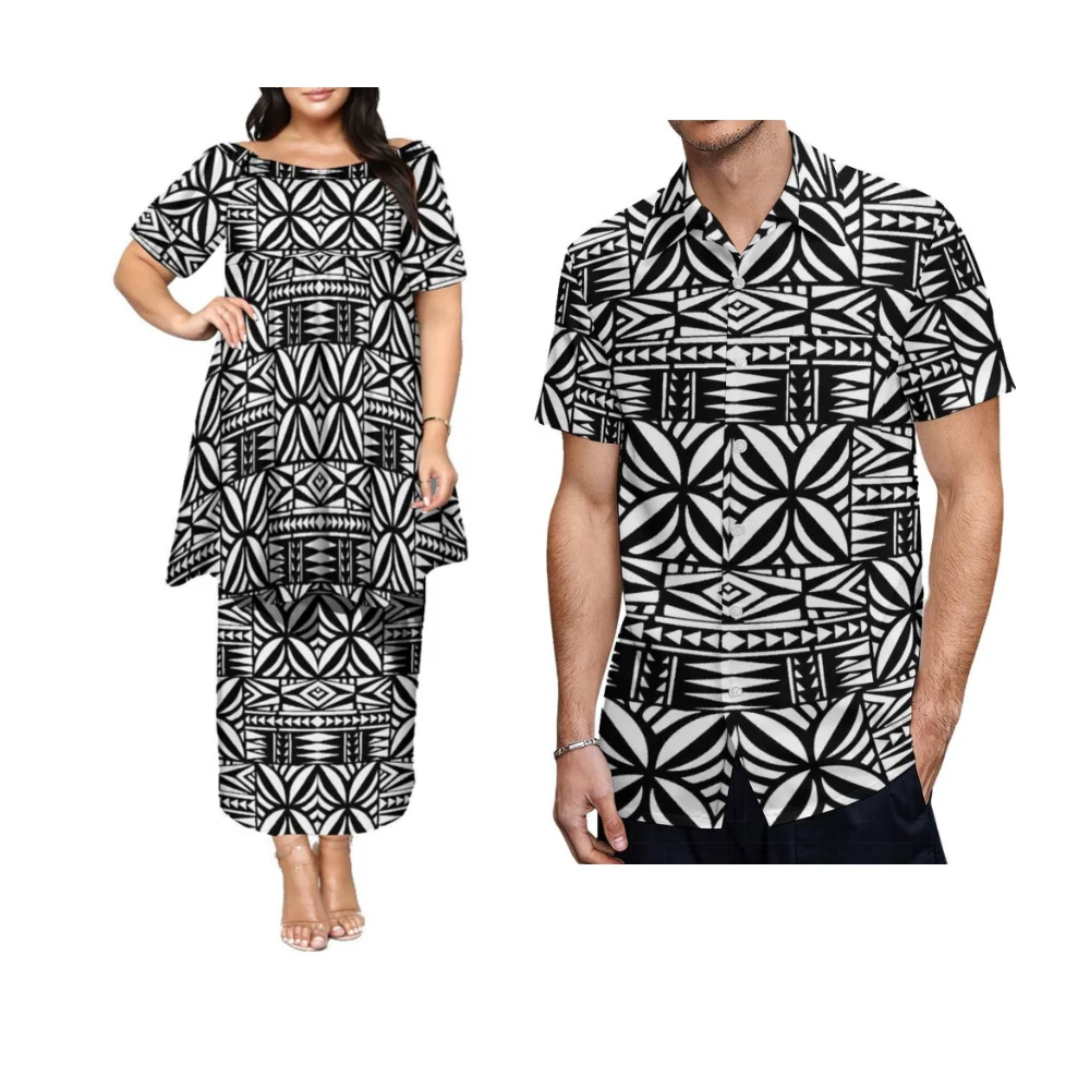 Livre de impostos manga borboleta manga média saia dupla camada puletasi vestido feminino polinésia personalizado casal terno camisas masculinas