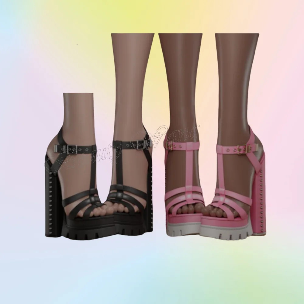 

Pink T Strap Platform Sandals 16 cm Rivet Decor Round Toe Shoes for Women High Heels Sexy Party Shoes 2024 Zapatos Para Mujere